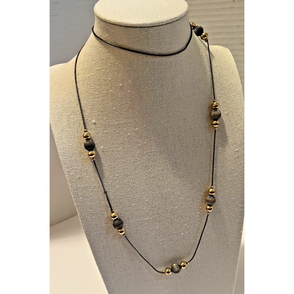 Premier Designs 29" Necklace Gold Silver Tone Beads Black Chain Vintage Signed